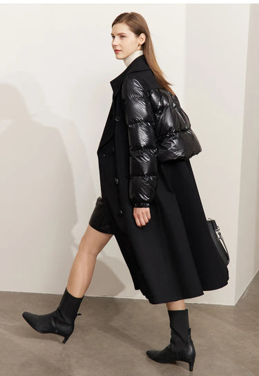 Double-Breasted Down Coat – Spliced Design Outerwear