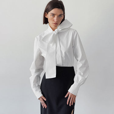 Bow Collar Long Sleeve Solid Color Shirt