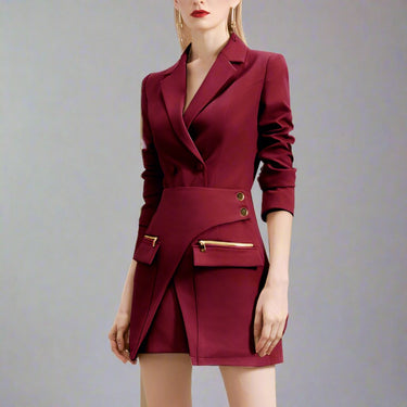 Belted Blazer Jacket and Split Skirt Set: Midi Blazer Dress with Irregular Mini Skirt