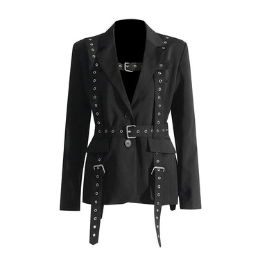 Elegant Slim-Fit Blazer with Rivet Buckle Detail and Cinched Waist