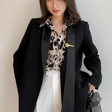 Black Blazer with Brooch and Cinched Waist