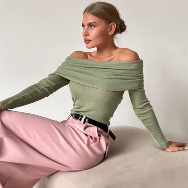 Streamlined Cashmere Off-Neck Long Sleeve Sweater