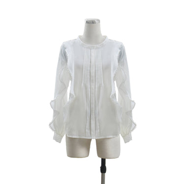 Hollow Out Sheer Blouse with Long Sleeves and Ruffle Trims