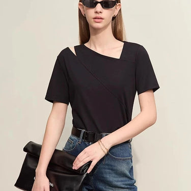 Asymmetric Oblique V-Neck Slim Stretch T-Shirt with Split