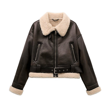 Shearling Jacket Coat with Belt and Long Sleeves