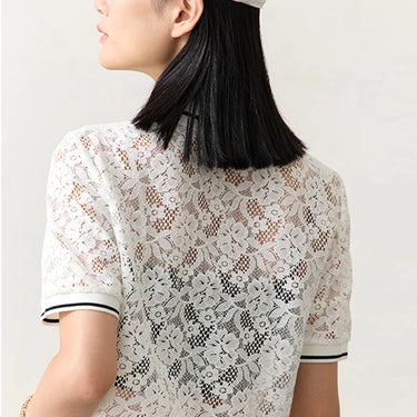 Lace Hollow Out Sheer Polo Shirt