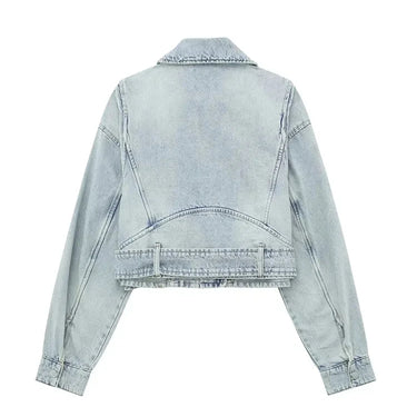 Denim Short Jacket with Lapel and Long Sleeves