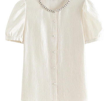 French Style Beige Short Sleeve Blouse with Collar Bead Design and Elegant Temperament