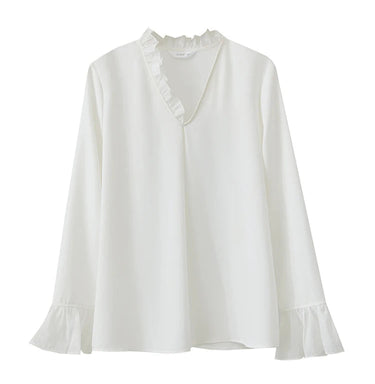 Chiffon V-Neck Shirt Ruffle Splicing Loose Long Sleeve Blouse