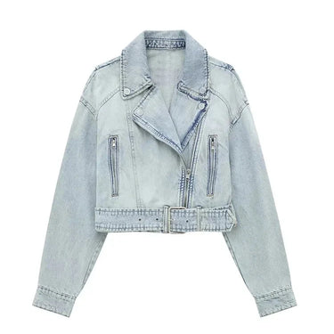 Denim Short Jacket with Lapel and Long Sleeves