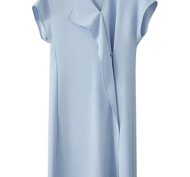 V-Neck Ruffle Edge A-Line Dress Short Sleeve Solid Elegant Loose Skirt