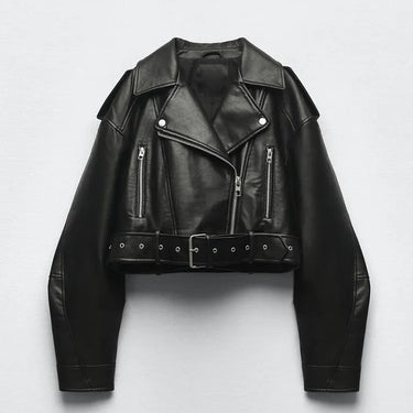 Leather Short Jacket with Belt and Lapel