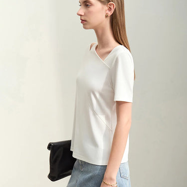 Asymmetric Oblique V-Neck Slim Stretch T-Shirt with Split