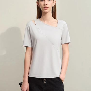 Asymmetric Oblique V-Neck Slim Stretch T-Shirt with Split