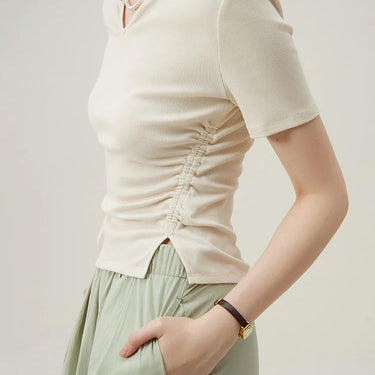 Straight Shoulder Knitted T-Shirt with Drawstring