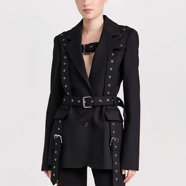 Elegant Slim-Fit Blazer with Rivet Buckle Detail and Cinched Waist