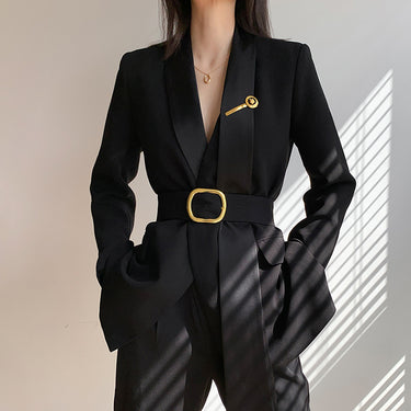 Black Blazer with Brooch and Cinched Waist