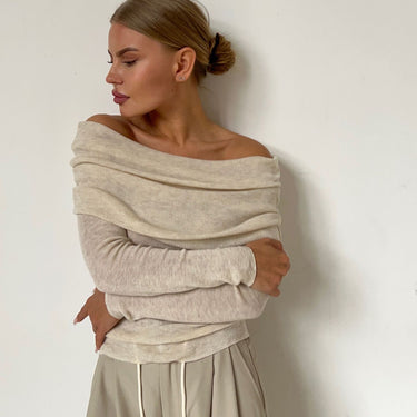 Streamlined Cashmere Off-Neck Long Sleeve Sweater